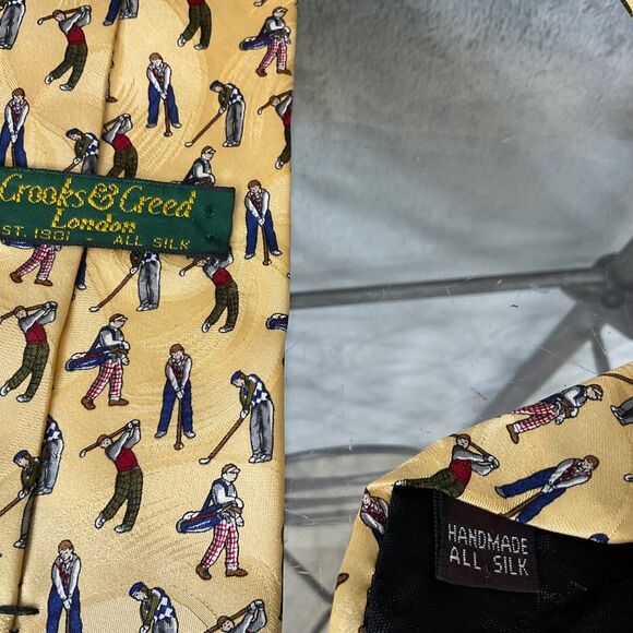 Crooks & Creed London silk Tie Men’s 58” classic Yellow Golfer Hidden Pinwheels - Picture 5 of 10
